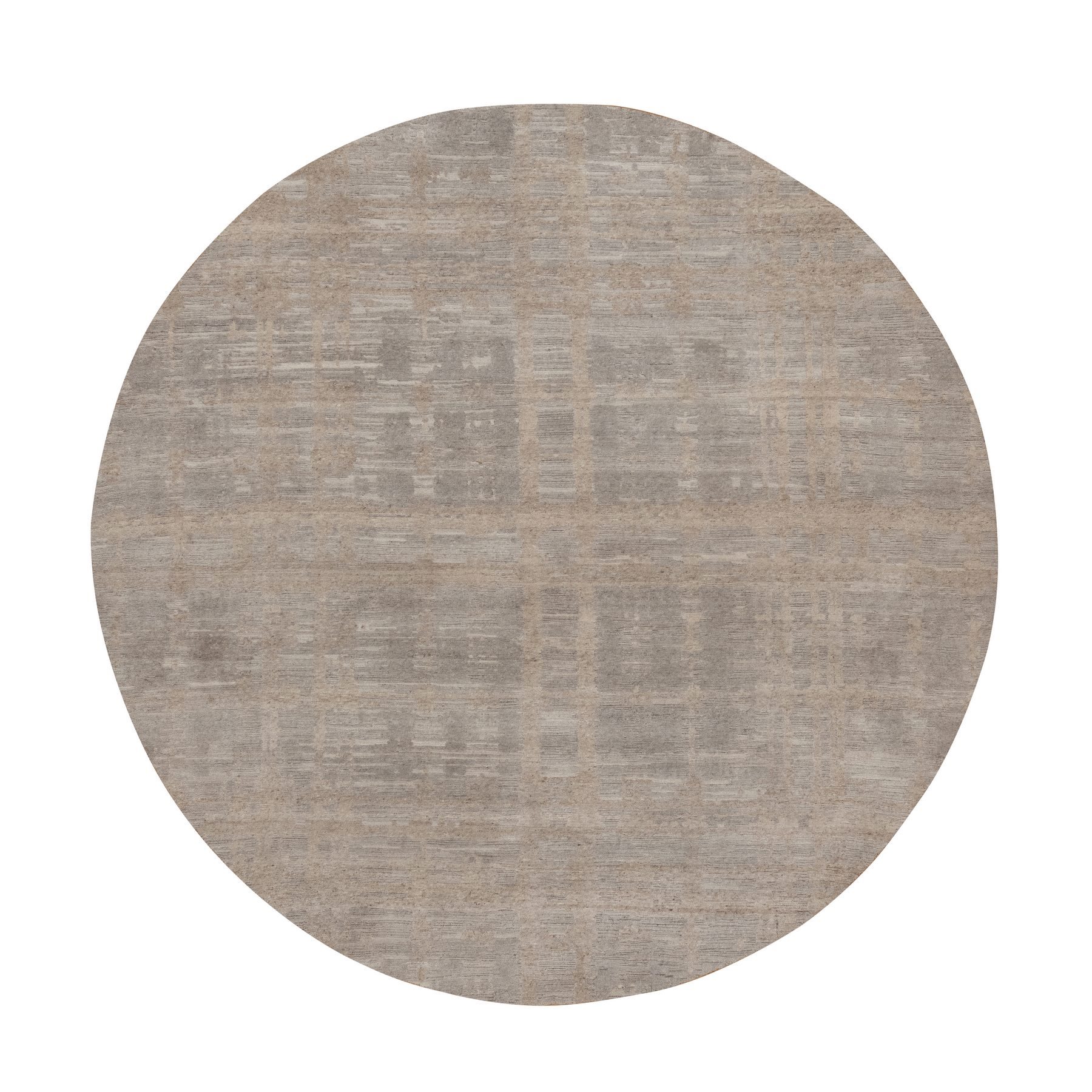 Amphora Brown, Modern Criss Cross Erased Design, Hand Knotted, Hand Spun Undyed Natural Wool, Round, Oriental Rug